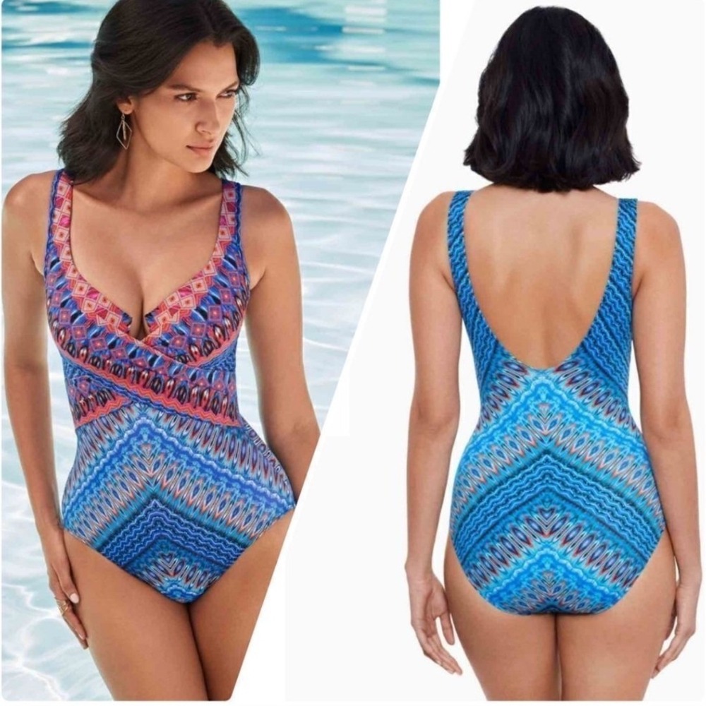 Miraclesuit Casablanca Criss Cross Escape One Piece Swimsuit Blue‎ Size 12